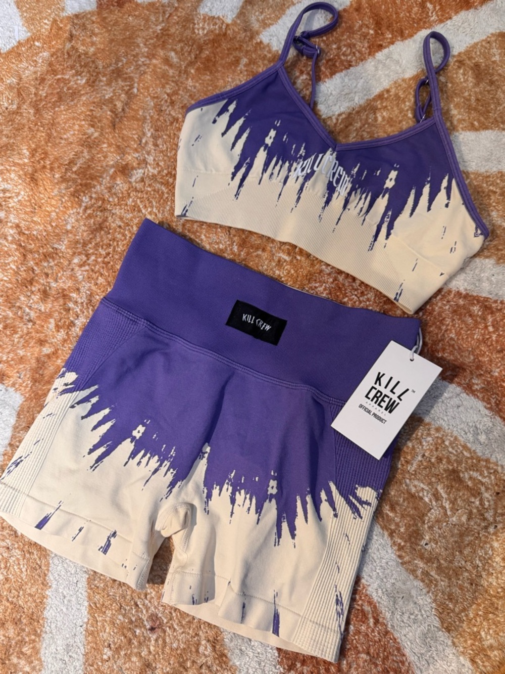 Kill Crew Purple & Cream Seamless Biker Short & Sport Bra Gym Set - Picture 2 of 8